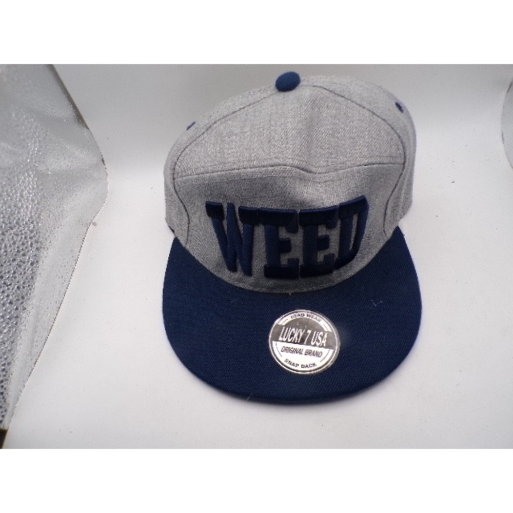 Lucky 7 USA Weed Snapback Hat Heather Grey Navy Blue Flat Brim Adjustable Cap